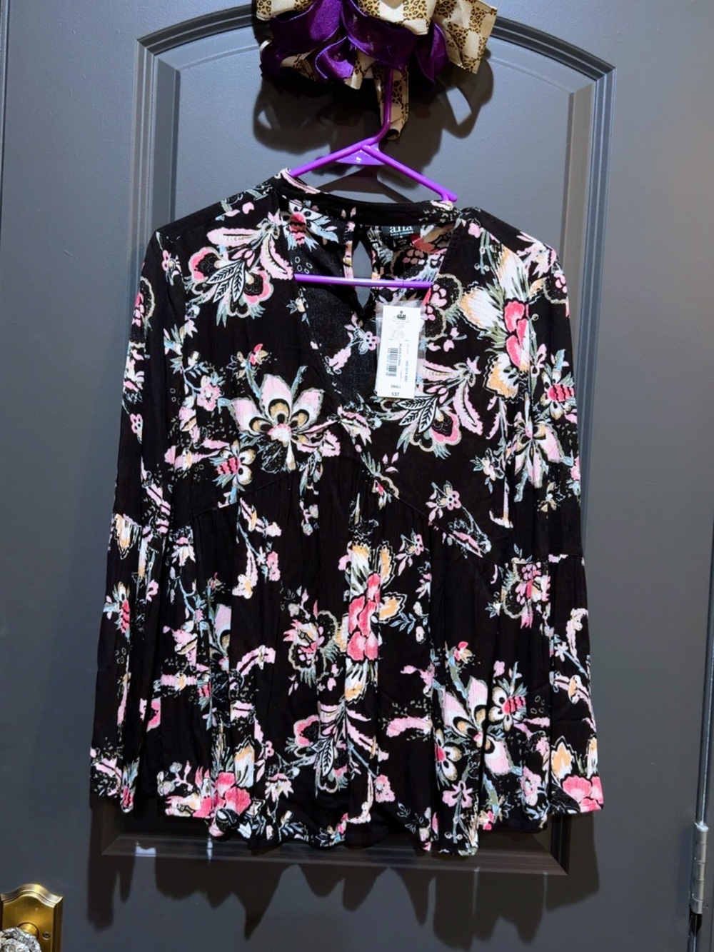a.n.a Black Floral V-Neck Blouse with Pink & Cream Accents